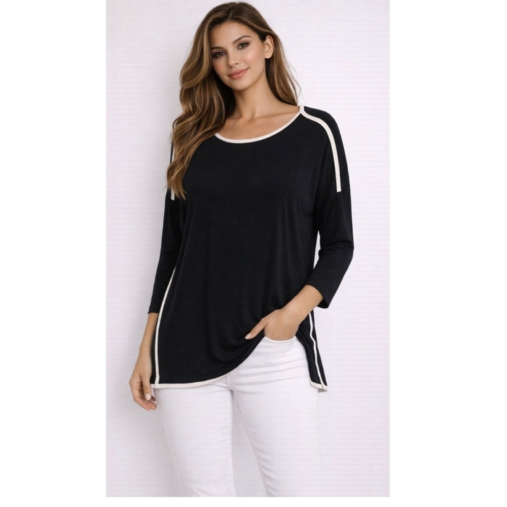 🎯 GRACE Fluid Black w White Contrasting Trim Tunic Top 3/4 Slv Stretch NWT 1X
